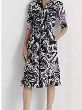 Ralph Lauren Black and Cream Tropical Print Linen Shirt Dress New Without Tags